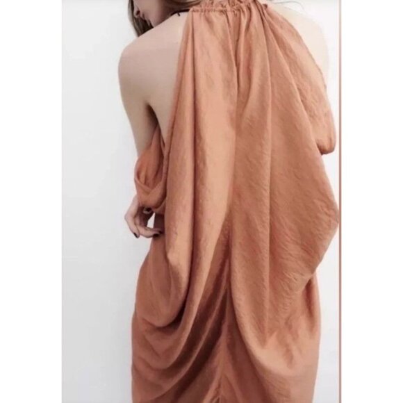 Zara Tan Halter Maxi Dress With Drawstring Back Detail Boho - Size S - Picture 5 of 7